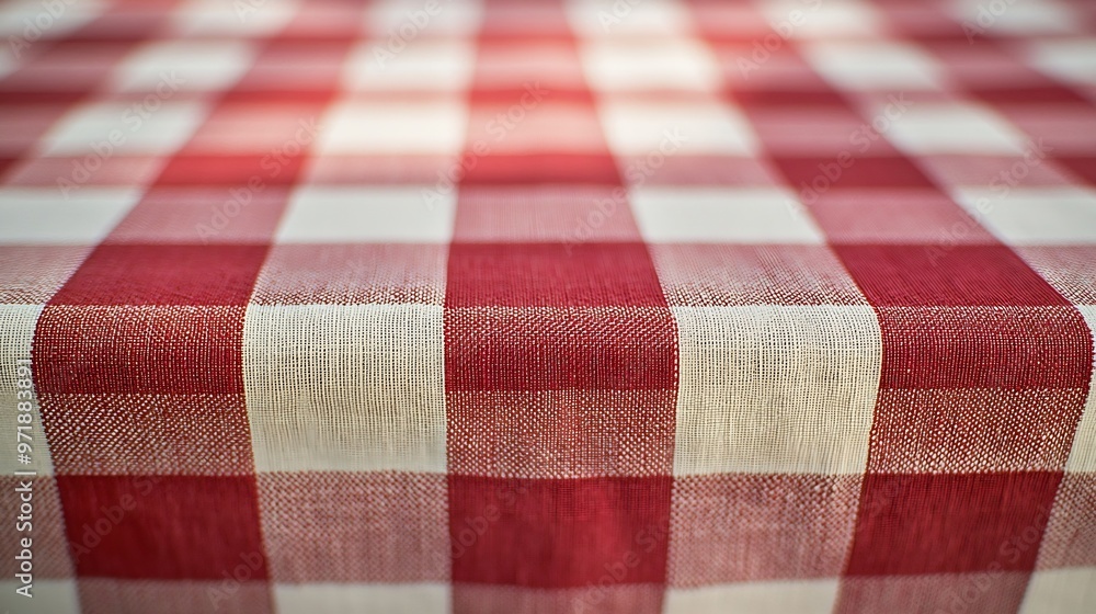 Poster red checkered gingham tablecloth closeup plaid fabric pattern texture and textile background corner 