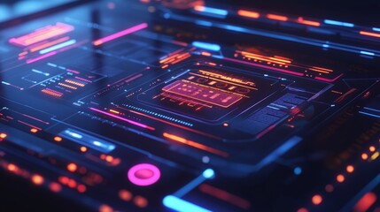 Obraz premium A sleek, futuristic holographic interface illuminated with neon lights floats in a high-tech workspace.