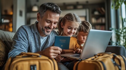 Happy family with kids looking at camera showing passports and buying tickets online using laptop sitting on sofa at home with packed suitcases planning summer vacation Holiday trip co : Generative AI