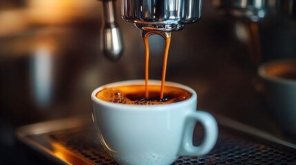 Fototapeta premium Closeup of Americano coffee pouring from the coffee machine into a cup Professional coffee brewing black coffee : Generative AI