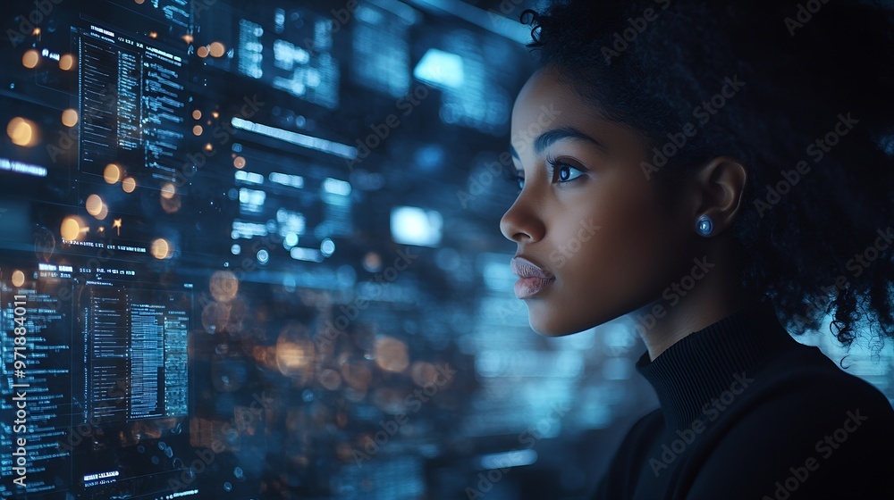 Aufkleber Office computer hologram or night person reading future administration dashboard research chart or ui software Digital transformation cloud computing overlay and black woman work on da : Generative AI