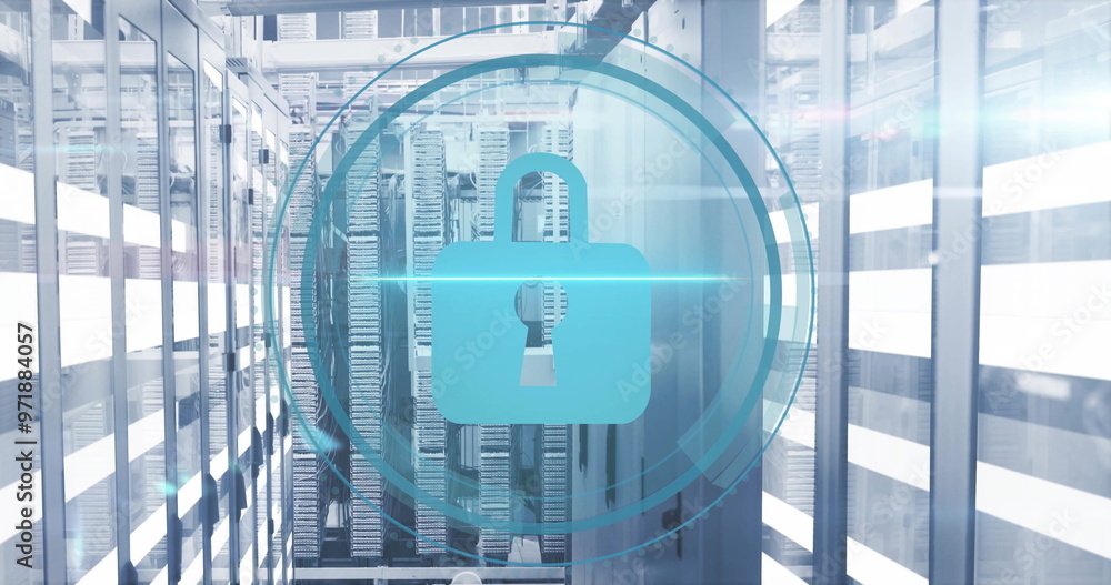 Poster image of padlock icon and digital data processing over computer servers