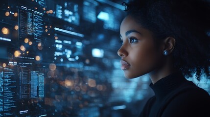 Office computer hologram or night person reading future administration dashboard research chart or ui software Digital transformation cloud computing overlay and black woman work on da : Generative AI