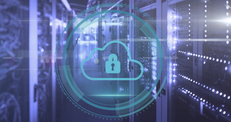 Image of padlock and cloud icon and digital data processing over computer servers