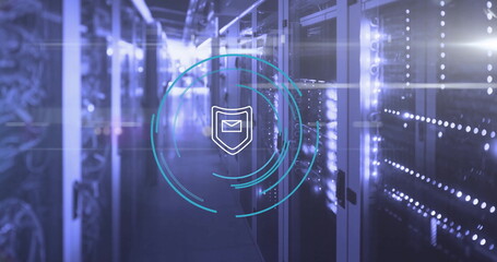 Image of shield icon and digital data processing over computer servers