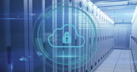 Image of padlock and cloud icon and digital data processing over computer servers