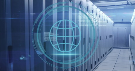 Image of globe icon and digital data processing over computer servers