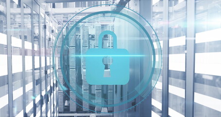 Image of padlock icon and digital data processing over computer servers