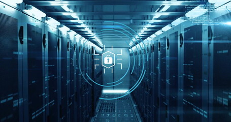 Image of padlock icon and digital data processing over computer servers