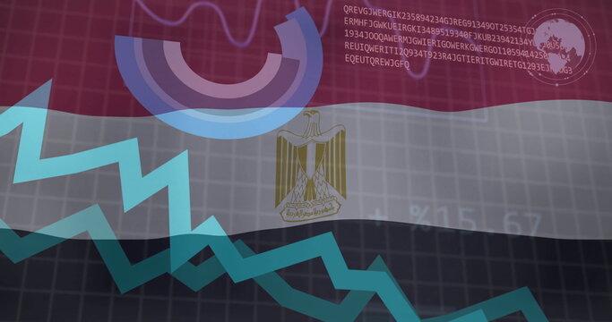Rising financial graph and pie chart over Egyptian flag and world map