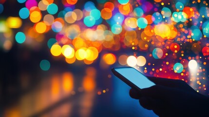A person is using their smartphone to check email notifications while surrounded by vibrant city lights at night
