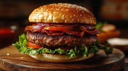 Burger served on a wooden plate with lettuce onion tomato big patty bacon social media post food photography fine dining restaurant menu fast food junk food street food delicious : Generative AI