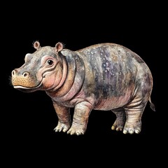 Obraz premium Watercolor Illustration of a Young Hippopotamus