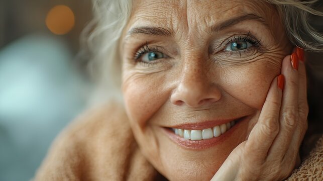 Positive wrinkled mature woman keeps hand on cheeks smiles broadly has perfect even white teeth red nails and lips wears bathrobe going to eat fast food doesnt care about overeating en : Generative AI