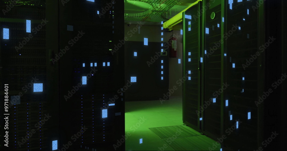 Poster image of digital data processing and circuit board over computer servers
