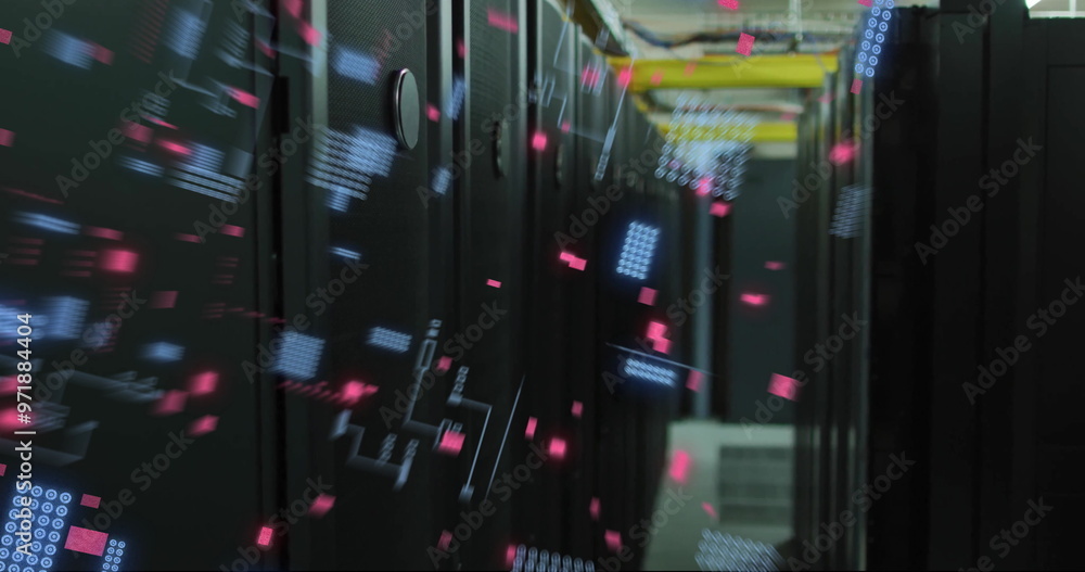 Poster image of digital data processing and circuit board over computer servers