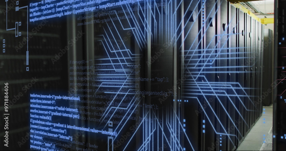 Poster image of digital data processing and circuit board over computer servers