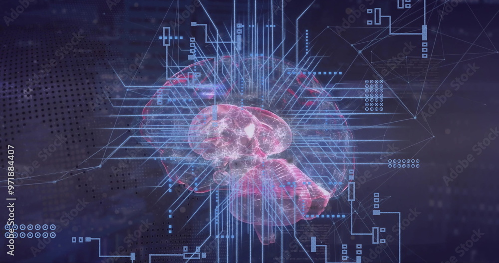 Poster image of digital data processing, brain and circuit board over computer servers