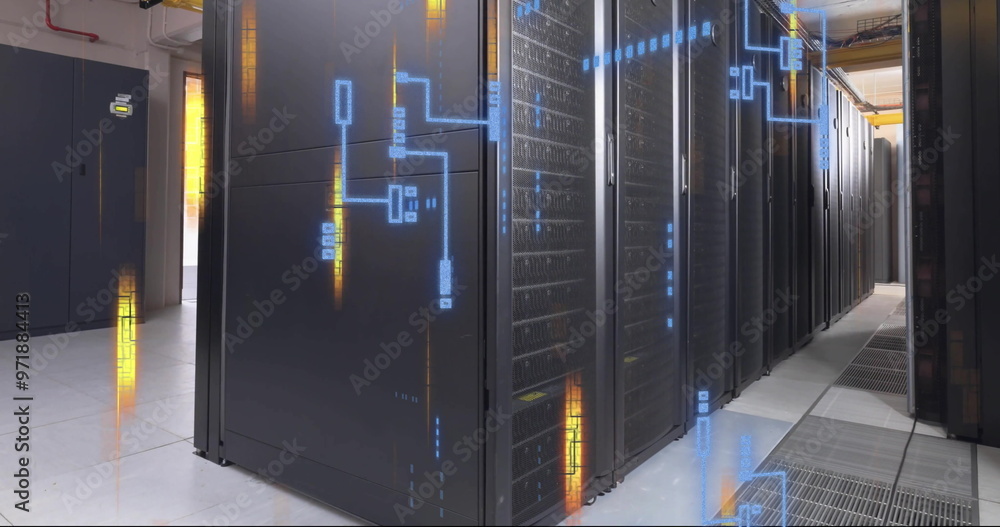 Poster image of digital data processing and circuit board over computer servers