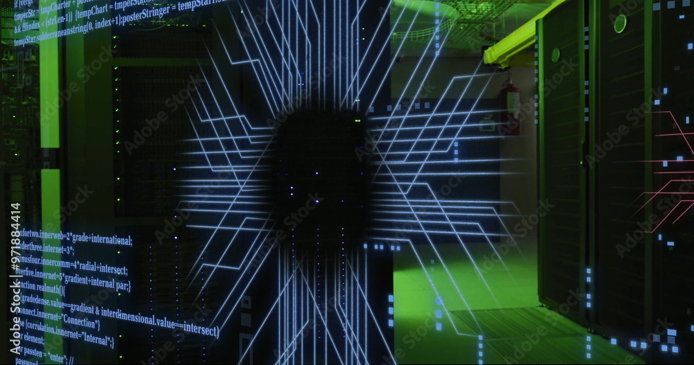 Poster image of digital data processing and circuit board over computer servers