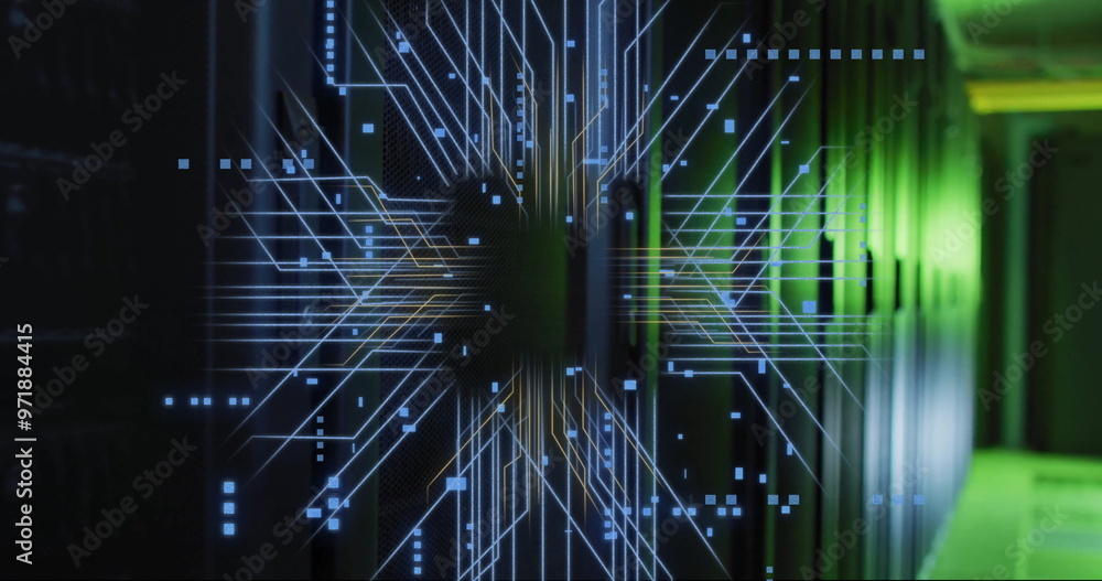 Poster image of digital data processing and circuit board over computer servers