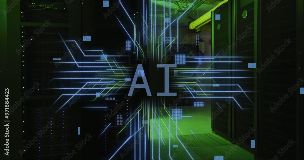 Poster Image of ai text, digital data processing and circuit board over computer servers