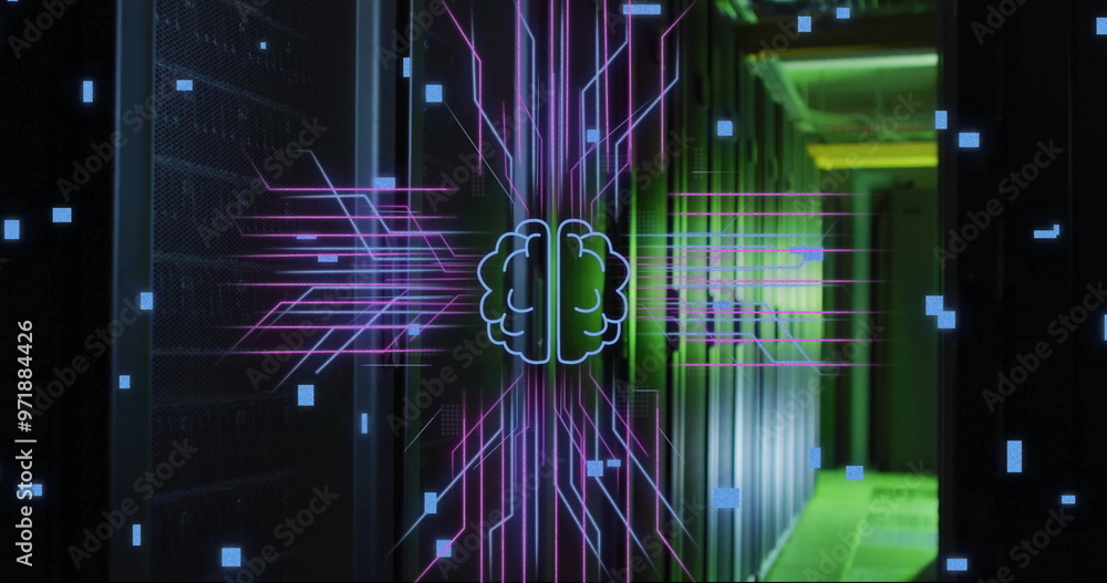 Poster image of brain, digital data processing and circuit board over computer servers
