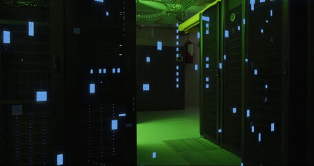 Image of digital data processing and circuit board over computer servers