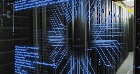 Image of digital data processing and circuit board over computer servers