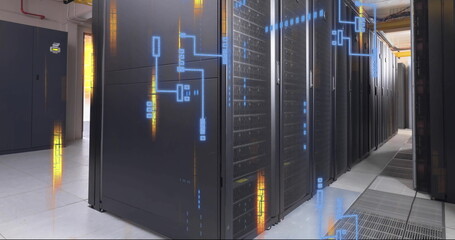 Image of digital data processing and circuit board over computer servers