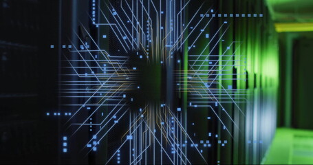 Obraz premium Image of digital data processing and circuit board over computer servers