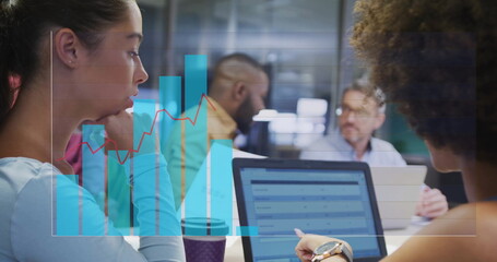 Image of data processing over diverse business people using laptop in office