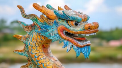 Fototapeta premium The colorful dragon sculpture showcases intricate details, enhancing the festive atmosphere by the serene river