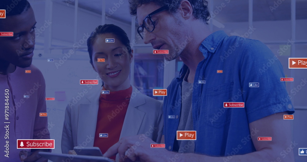 Poster image of icons and data processing over diverse business people using tablet