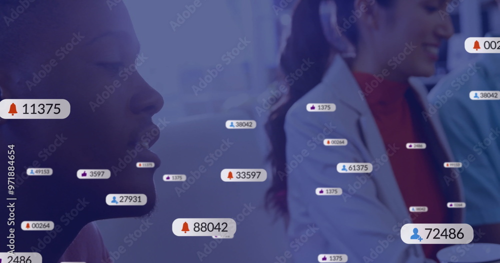 Aufkleber image of icons and data processing over diverse business people using tablet