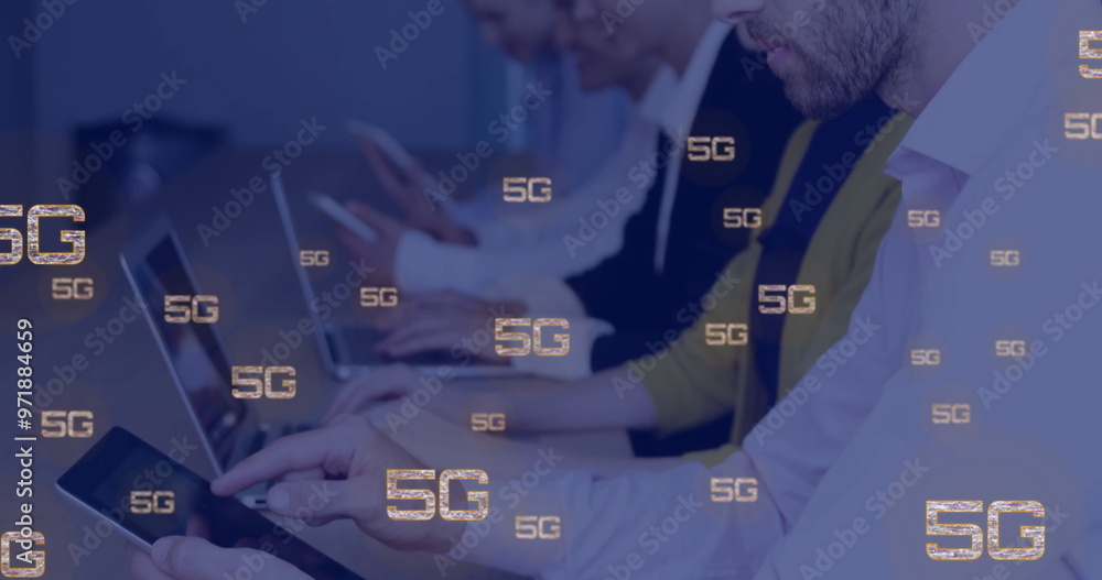Aufkleber image of icons and data processing over diverse business people using tablets