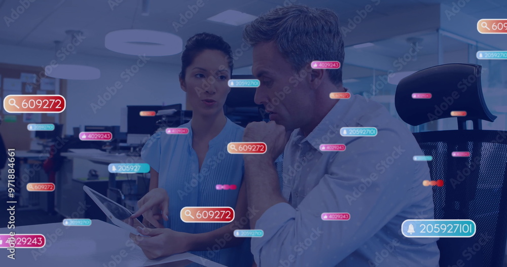 Aufkleber image of icons and data processing over diverse business people using tablet