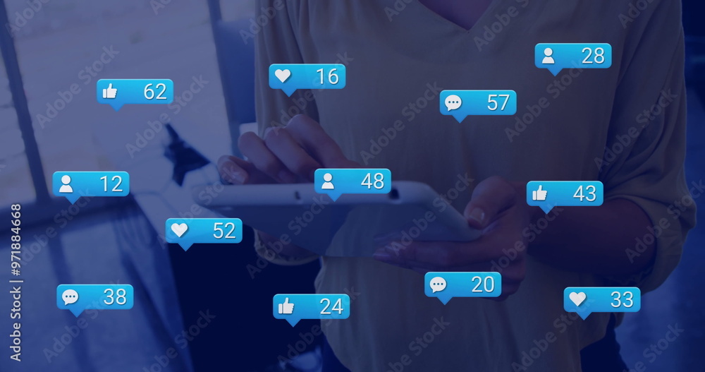 Poster image of icons and data processing over diverse business people using tablet