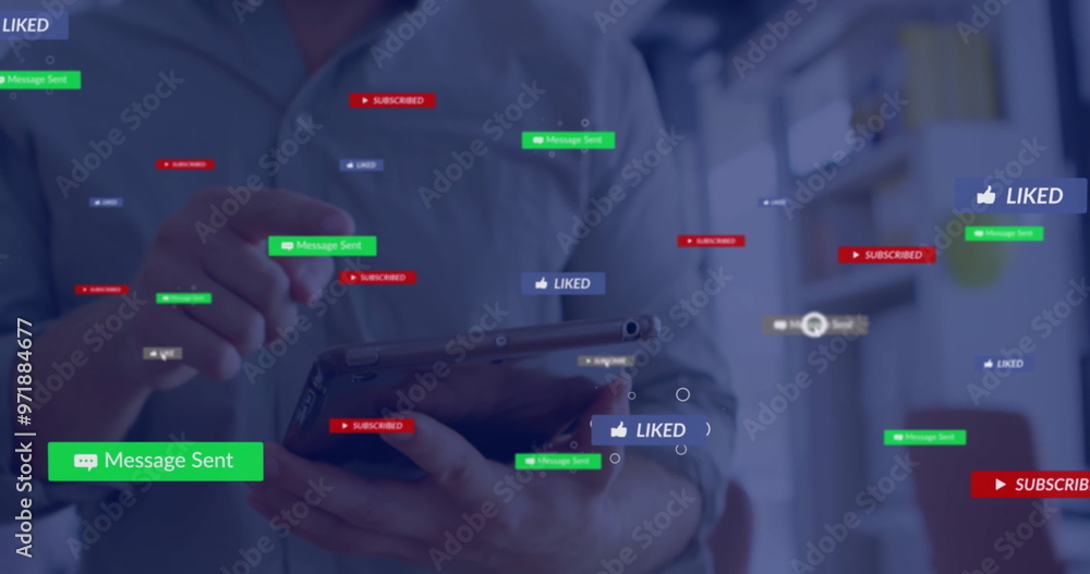 Poster Image of icons and data processing over caucasian businessman using tablet