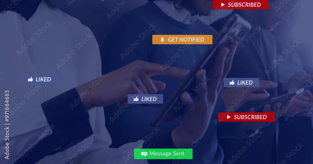 Poster image of icons and data processing over diverse business people using tablet