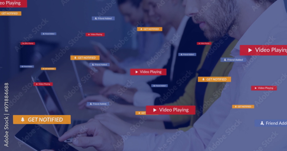 Poster image of icons and data processing over diverse business people using tablets
