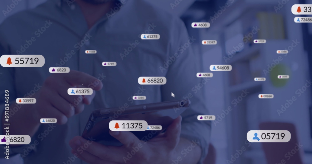 Poster image of icons and data processing over caucasian businessman using tablet