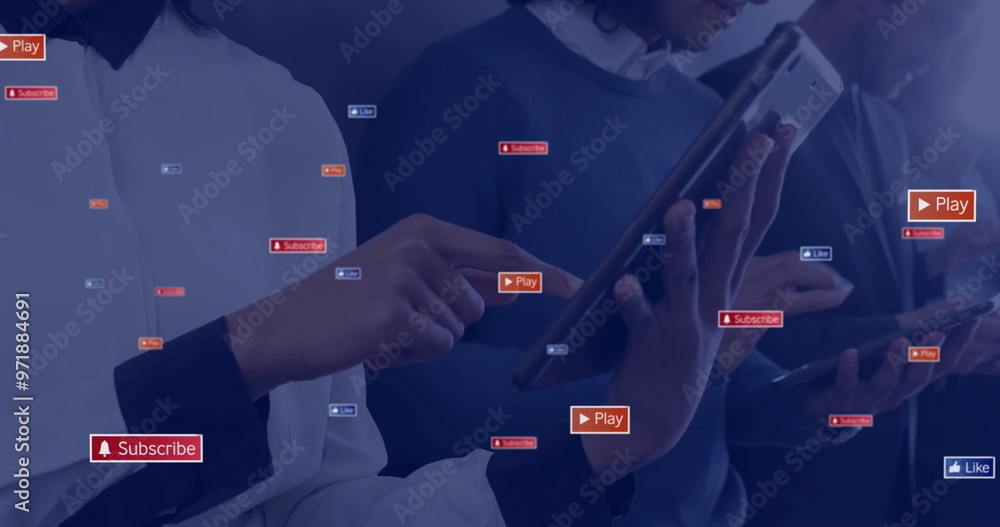 Poster image of icons and data processing over diverse business people using tablets