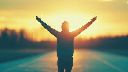 Fototapeta premium An athlete raises their arms in celebration on a running track at sunset, basking in the glory of their hard-earned victory