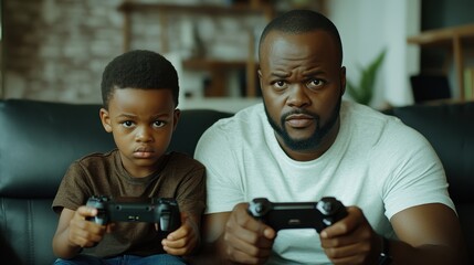 An engaged father and son sit on the couch, playing video games together and sharing smiles during their fun-filled time