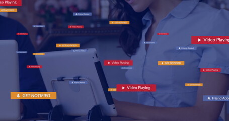 Image of icons and data processing over caucasian businessman using tablet