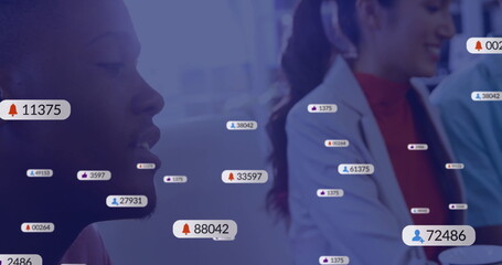 Image of icons and data processing over diverse business people using tablet