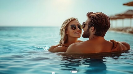 honeymoon couple relaxing near beach swimming pool in luxurious hotel banner background vacation travel : Generative AI