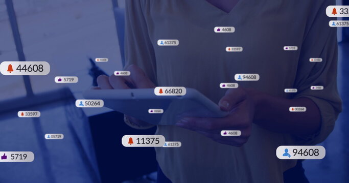 Image of icons and data processing over caucasian businesswoman using tablet