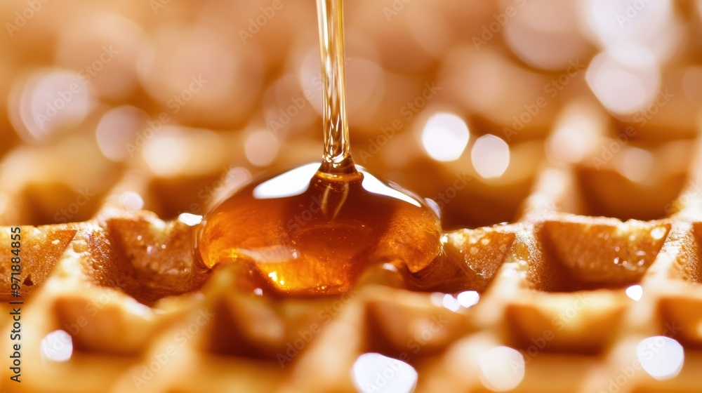 Poster golden waffles are generously coated with warm maple syrup, creating an inviting and delicious break